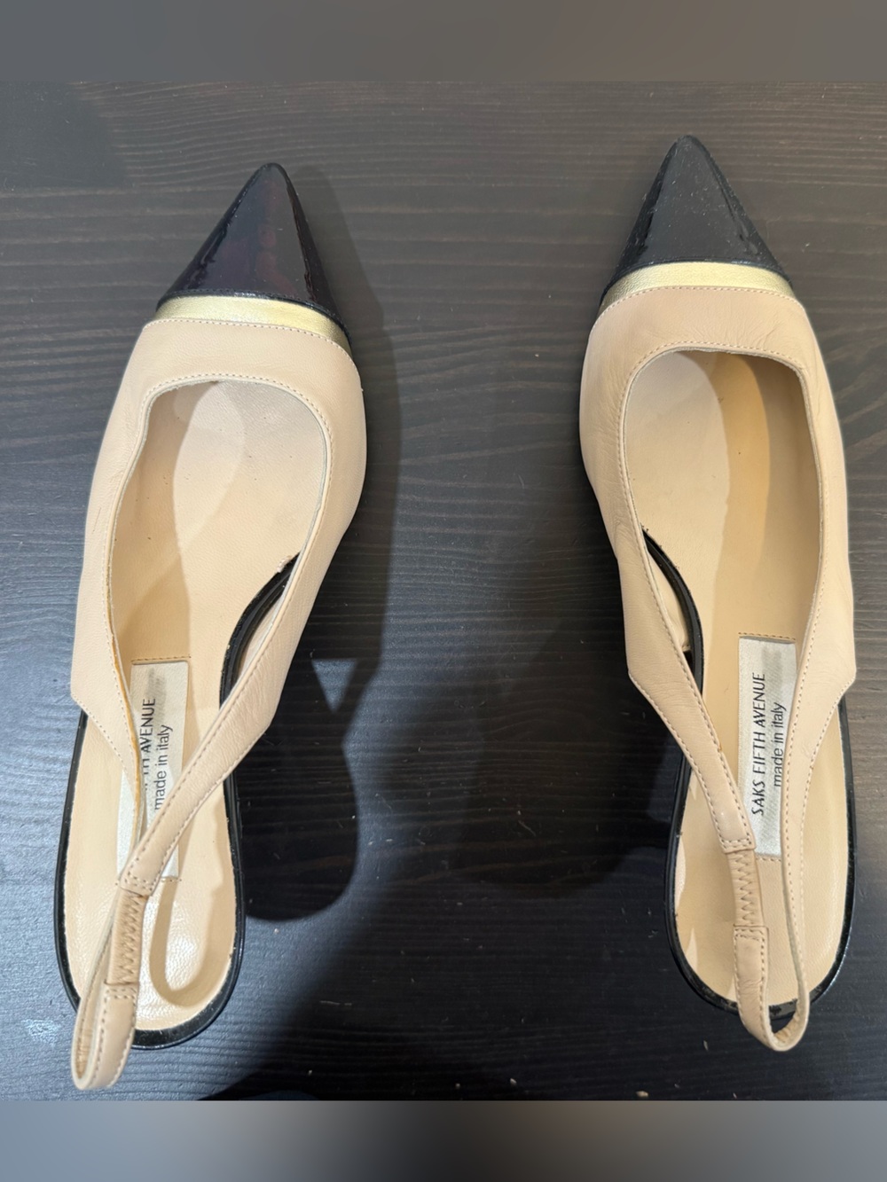 Saks Fifth Avenue Beige and Black Pointed Kitten Heel Slingback with Gold Trim